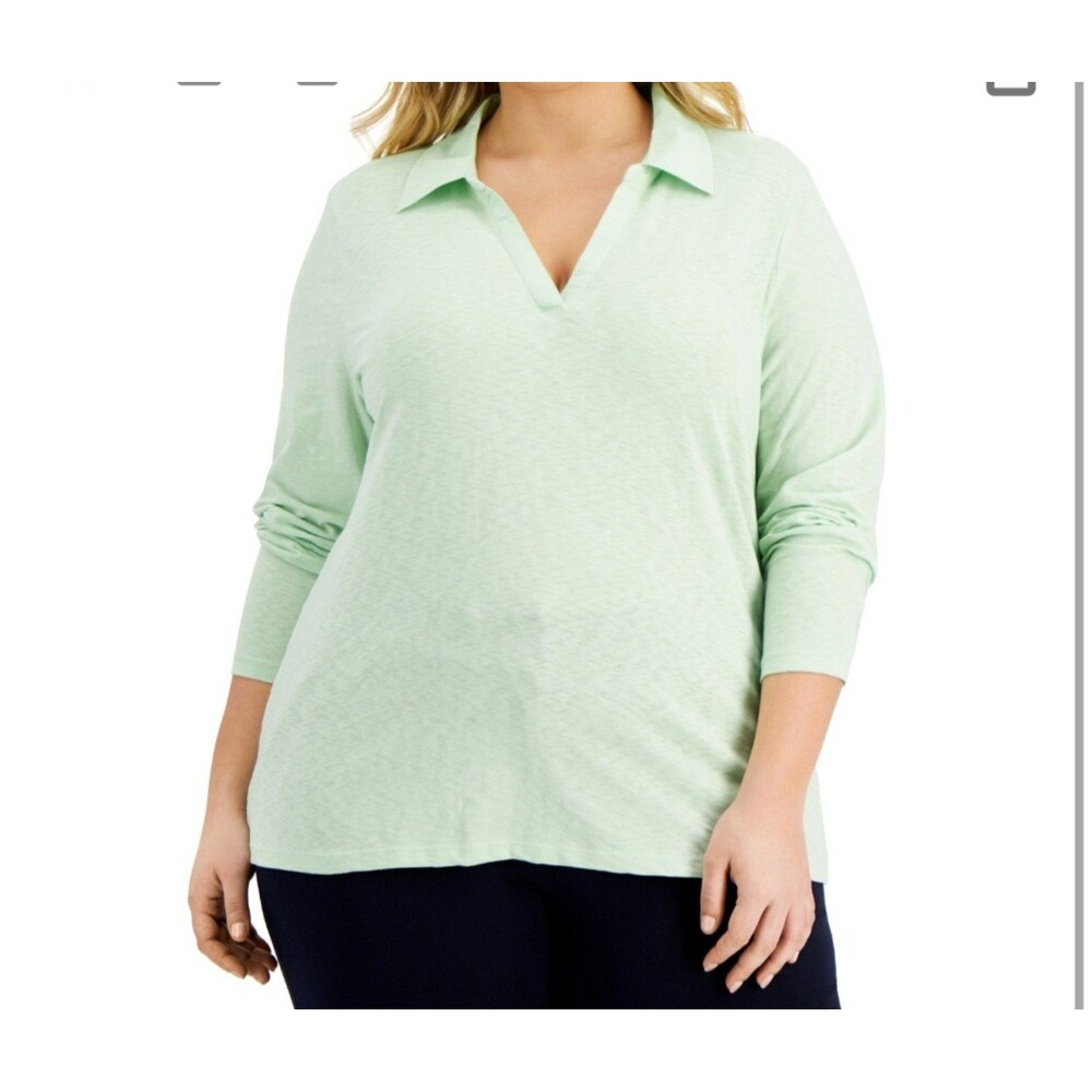 NWT Karen Scott Mint Green V-Neck 3/4 Sleeve Polo Blouse Sz 1X